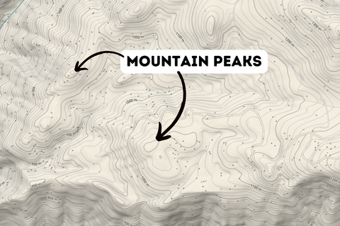 Concentric circles of contour lines marking mountain peaks on a map.
