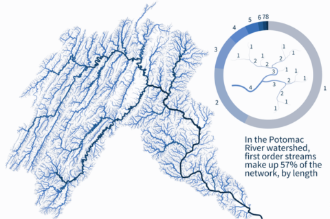 Strahler stream order along the Potomac River watershed.
