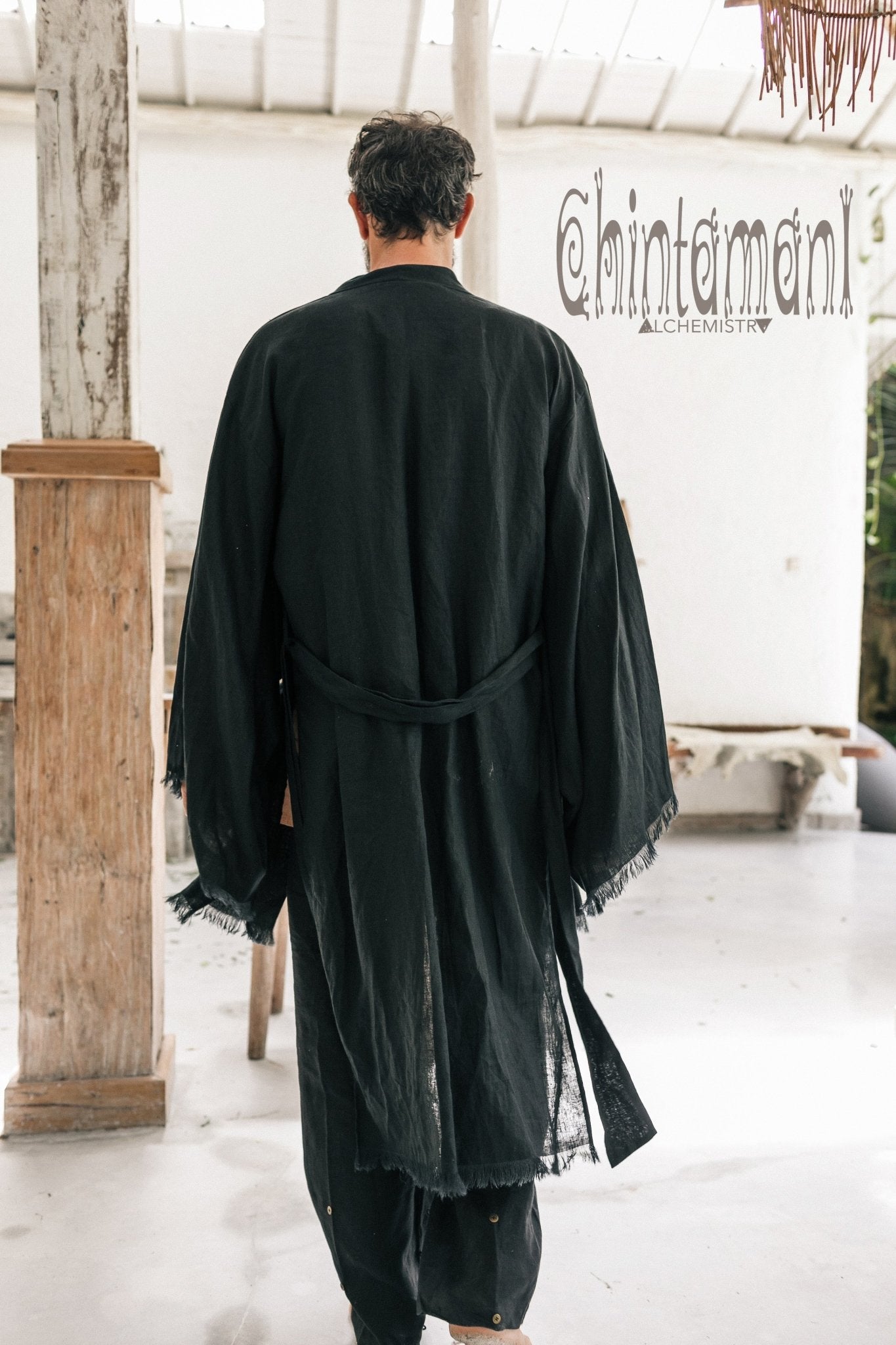 Long Linen Japanese Kimono Robe / for Men / Black – ChintamaniAlchemi