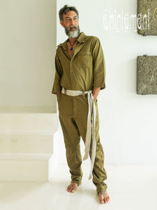 3/4 Linen Overalls for Men / Coverall Jumpsuit with Belt / Gray