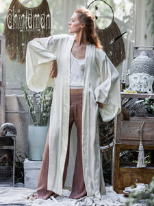Gypsy Wide Sleeve Wrap Kimono of Raw Cotton / Boho Cardigan Robe / Beige