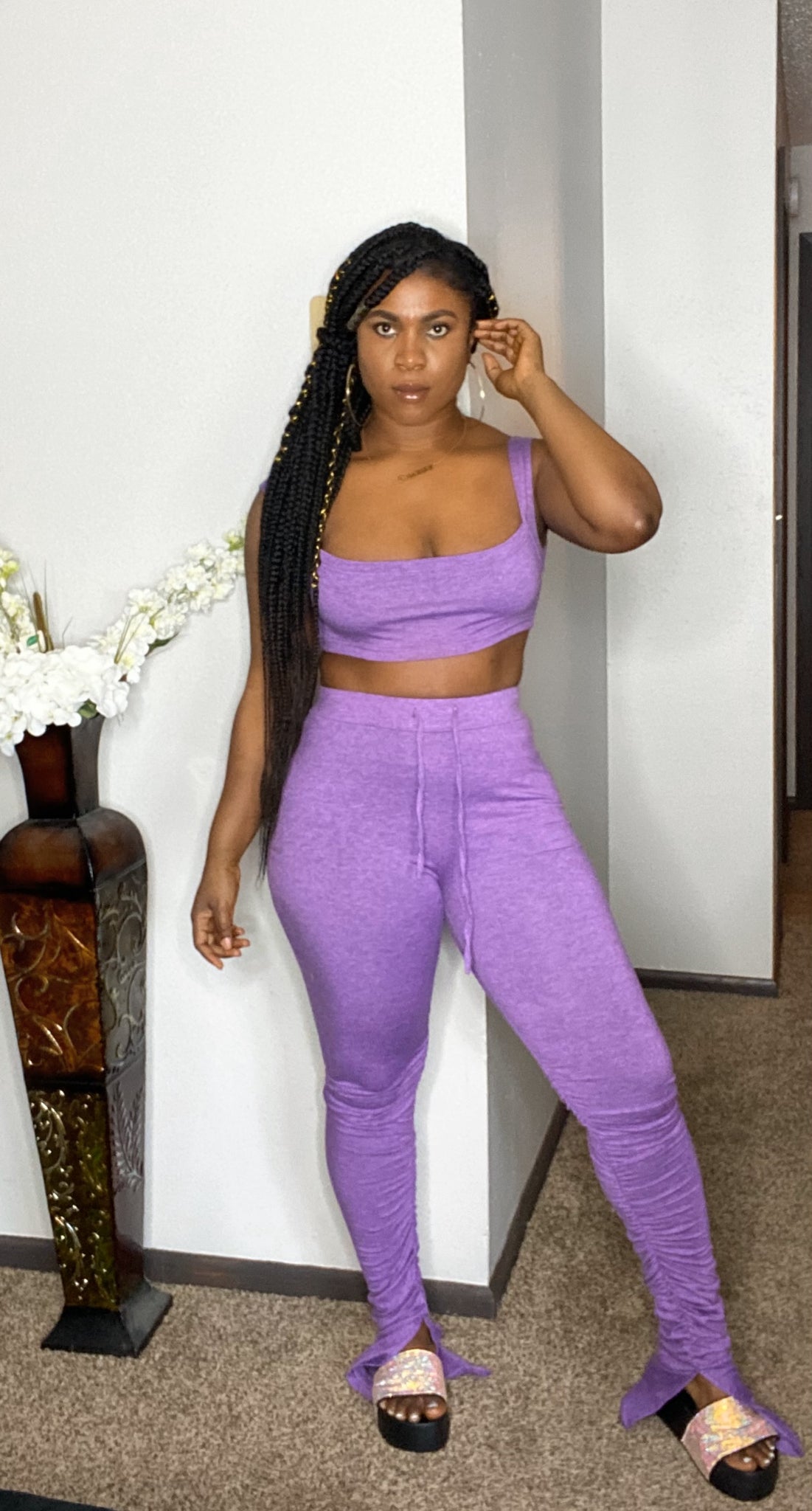 purple two piece outfit