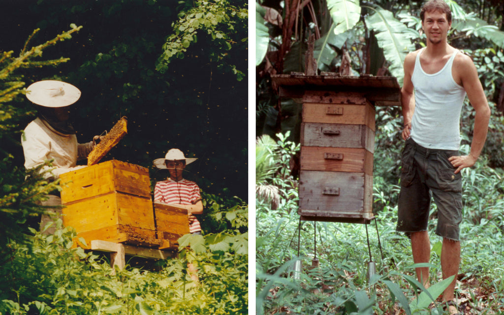 David Priller mit seinem ersten Bienenstock und beim imkern in Brasilien