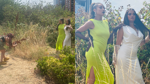 Landscape image of behind the scenes rental fashion shoot | One Wear Freedom