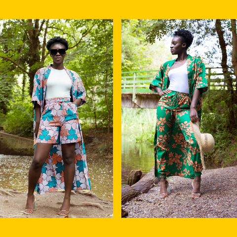 Two images of models in the Kimono, one paired with the Chioma shorts and one with the Yewande trousers