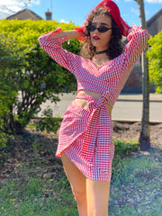 Portrait of woman wearing rented gingham co-ord | One Wear Freedom