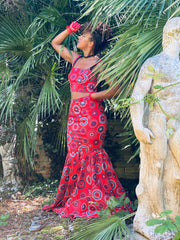 Portrait photograph of Divine Red Fishtail Skirt + Crop Top Co-Ord | One Wear Freedom Clothing Rental