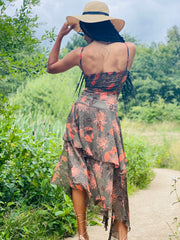Outfit shot of person wearing chiffon floral dress back to camera