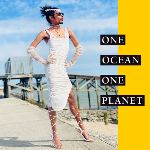 One Ocean, One Planet title image with photo of model in white dress looking out to sea