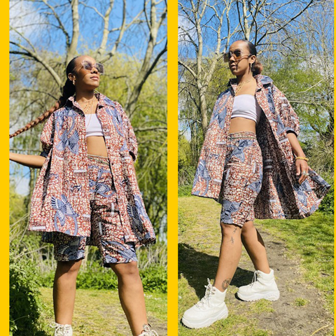 Two photos of model in the Chestnut Veikau Oversized Shirt n Shorts Co-ord 