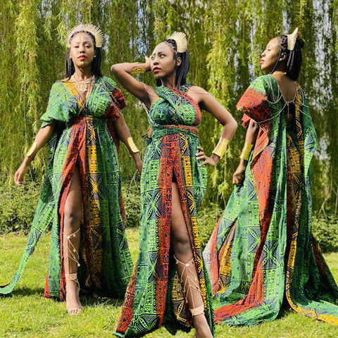 Three images of model in Multi-Wrap Maxi Dress 