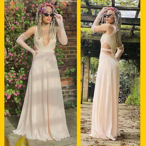 Two images of model in Baby Peony Lace Cut-Out Gown