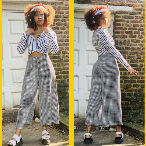 Two images of model in Snowdrop Polka Dot Culottes and striped black and white shirt