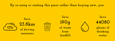 Icons and stats showing how much carbon, waste from landfill and water is saved by renting a garment.