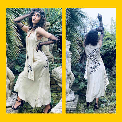 Two Photos of the Afghan Gold Bombyx Mori Maxi Dress