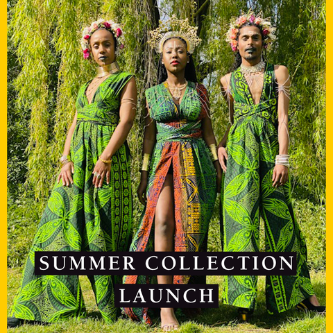 Summer Collection Launch banner set over an image of three models in floor-length green outfits