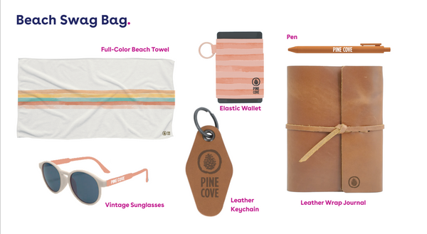 Beach Swag Bag includes striped towel, custom coral sunglasses, leather keychain, elastic wallet, pen, and leather journal.