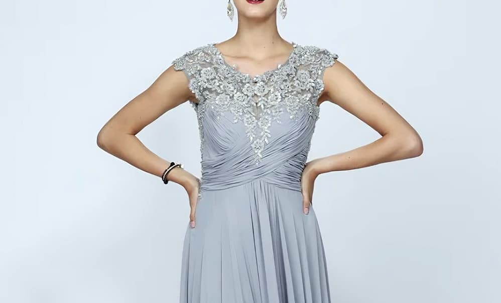 Silver Long Prom & Bridal Dress w/Sheer Back Sleeves