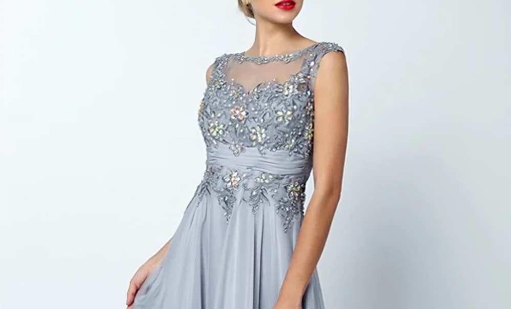 Sleeveless Mesh Silver Prom & Bridesmaid Dress