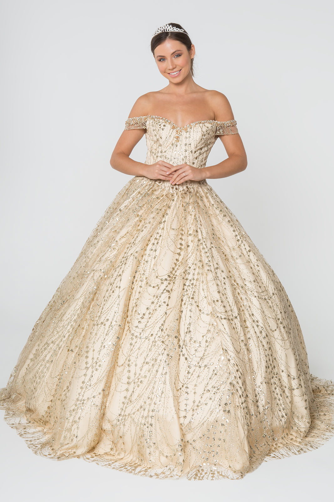 Sweetheart Neck Cut-Away Shoulder Glitter Mesh Ball Gown GLGL2831
