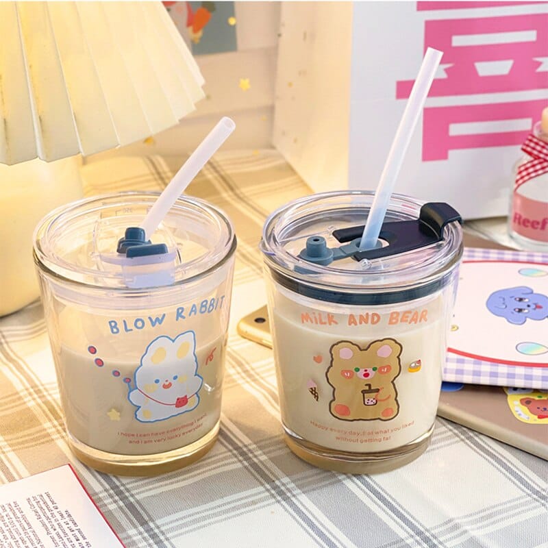 Portable Drinking Glasses Cup With Lids And Straws Cute - Temu Republic of  Korea