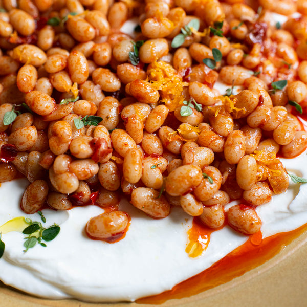 Alubias with rose harissa with Primary Beans Organic Alubia beans