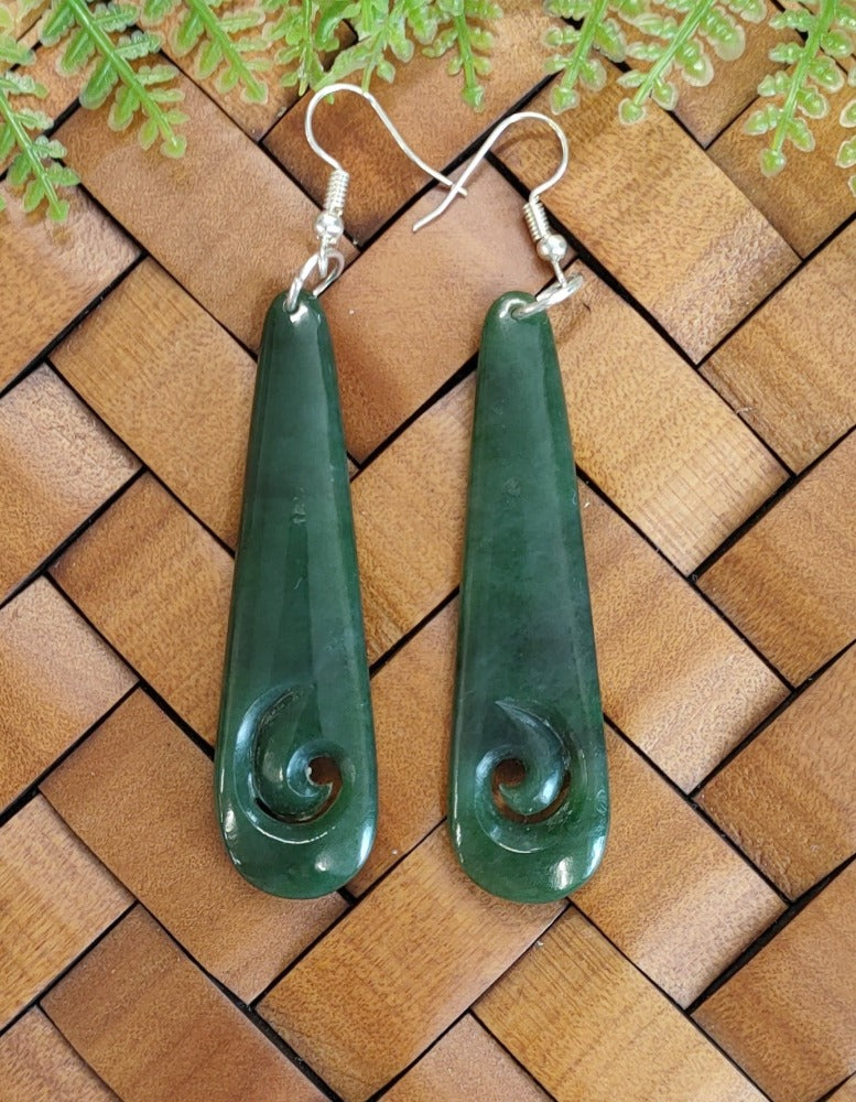 NZ Greenstone Drop Koru Earrings 62mm #62 – Souvenir Factory Shop