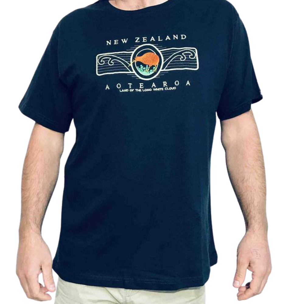 Mens Navy T-Shirt - Embroidered Kiwi Koru – Souvenir Factory Shop