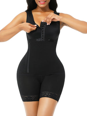 BRIANNA - Black Full Body Shaper Glue Zipper Open Crotch Lace Slimming Stomach - Snatch Bans