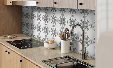 Elly - Kaleidoscope - Blue Haze patterned tile kitchen backsplash