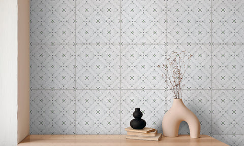 Elly - Selene - Pistashio tile pattern installed on wall with accessories
