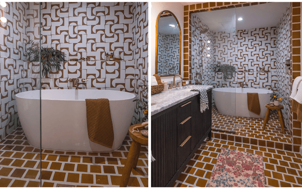 The puzzle piece tile in beehive in master bathroom modern shower backsplash