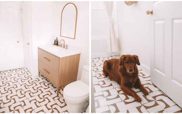 puzzle piece in beehive on polar ice terrazzo in modern organic bathroom remodel