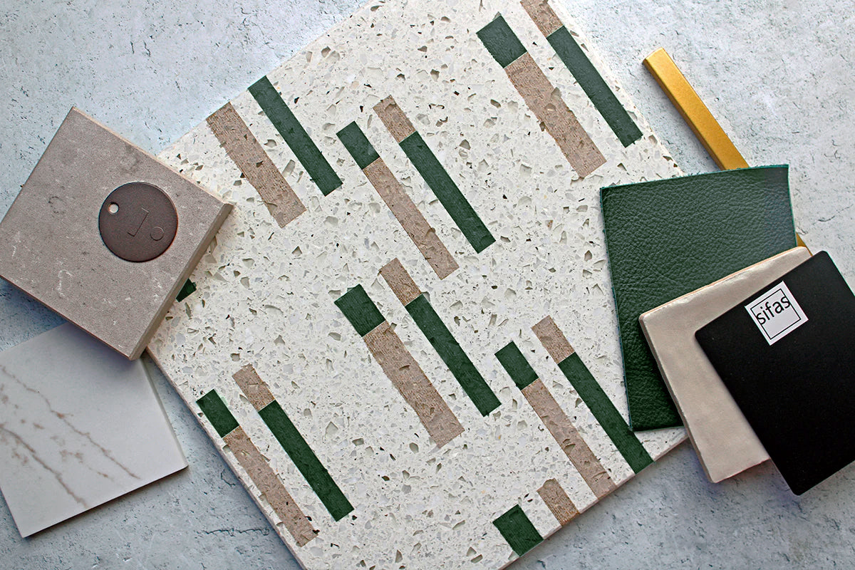 Terrazzo Tile flat lay with green