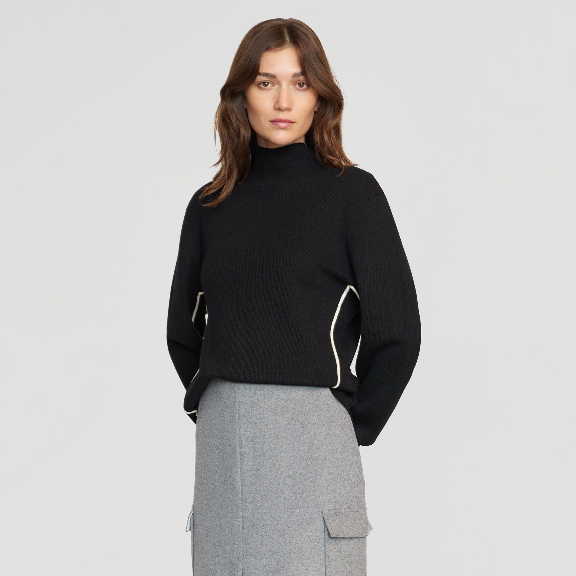 Claire Mock-Neck Contrast Piping Sweater