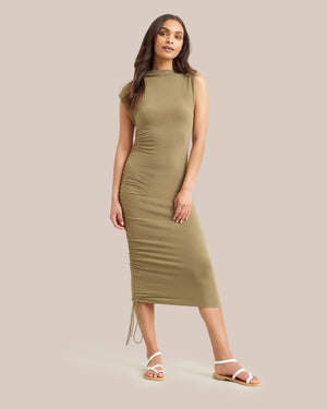 Modern Citizen-Rielle Asymmetrical Ruched Midi Dress-Dresses-