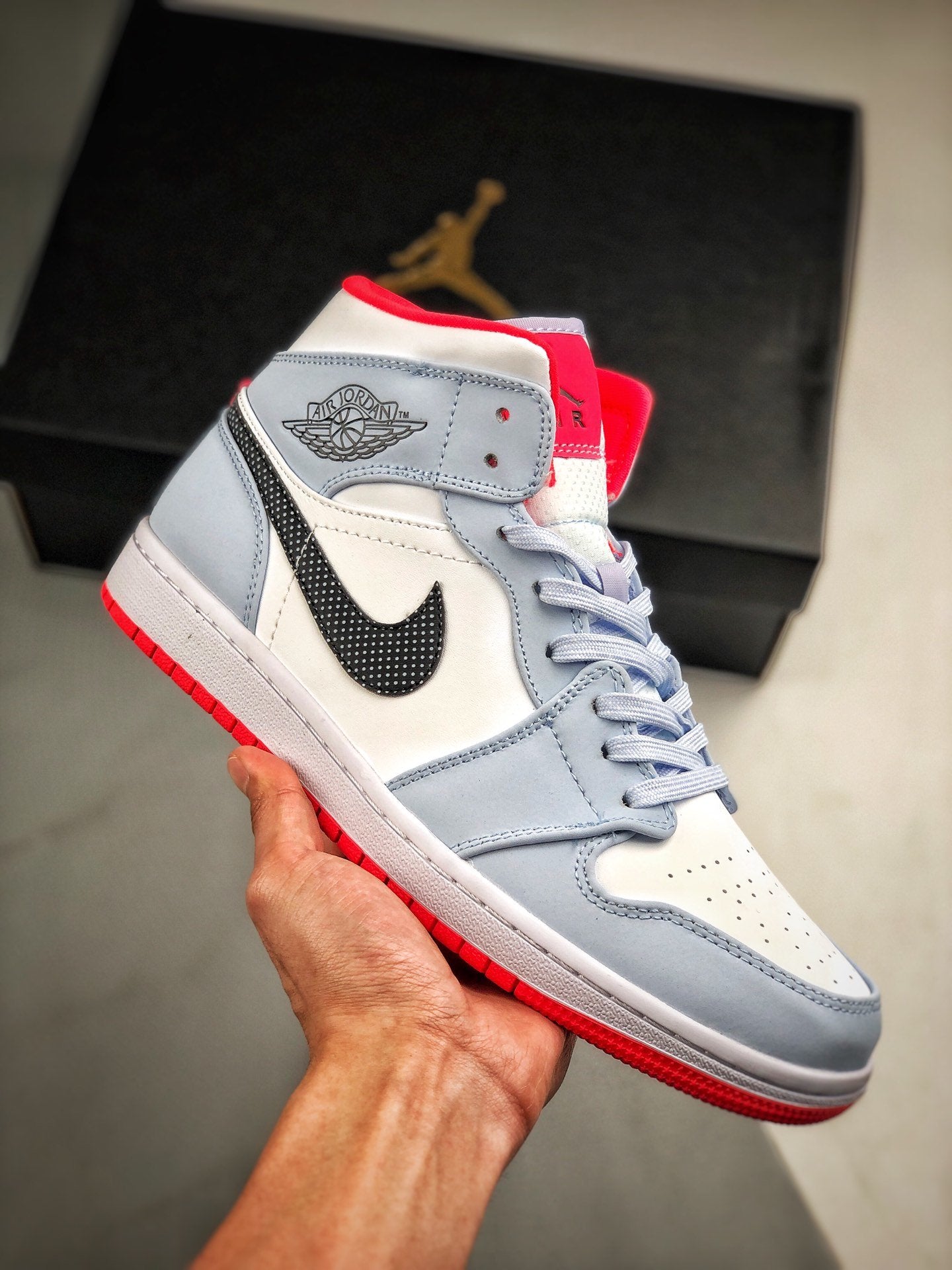 half red half blue jordan 1