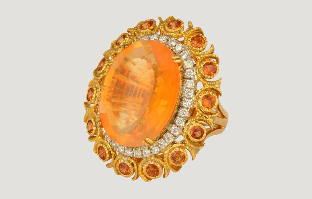 Gold Ring with Fly Opal, Orange Sapphire and Diamond