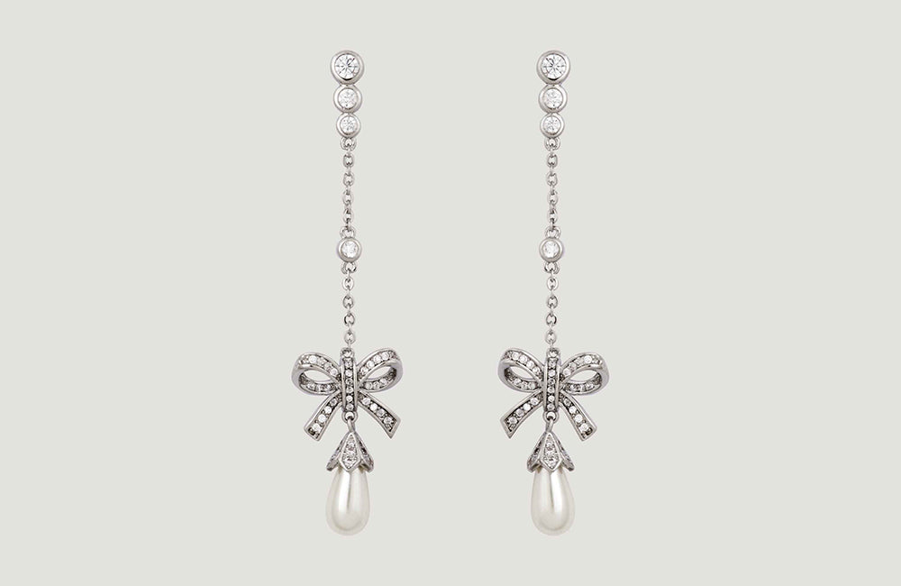 Crystal Bow with Pearl Chain Drop Earrings