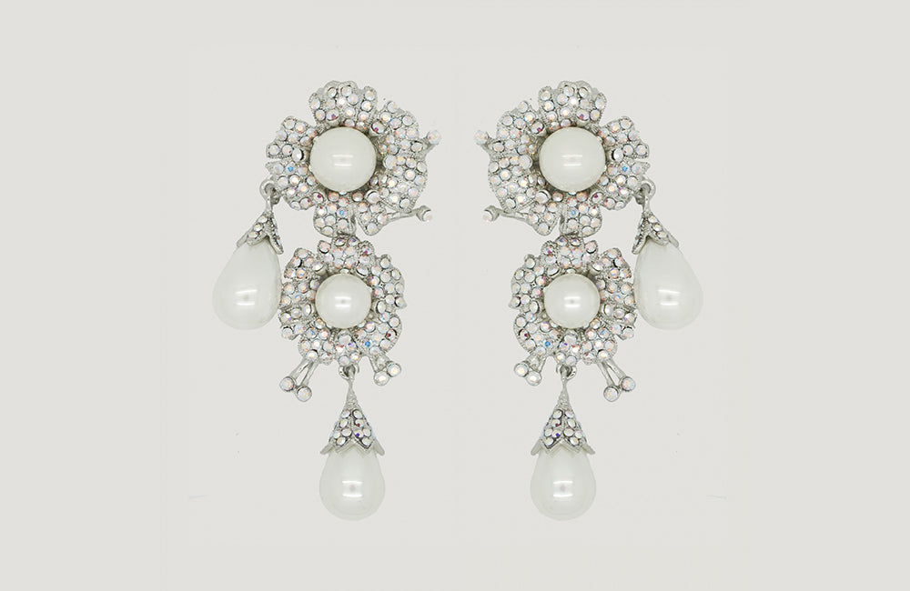 Double Flower and Pearl Drop Earrings