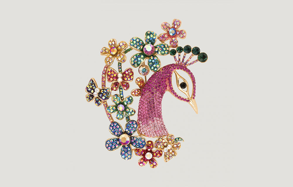 Big Crystal Peacock and Flowers Brooch