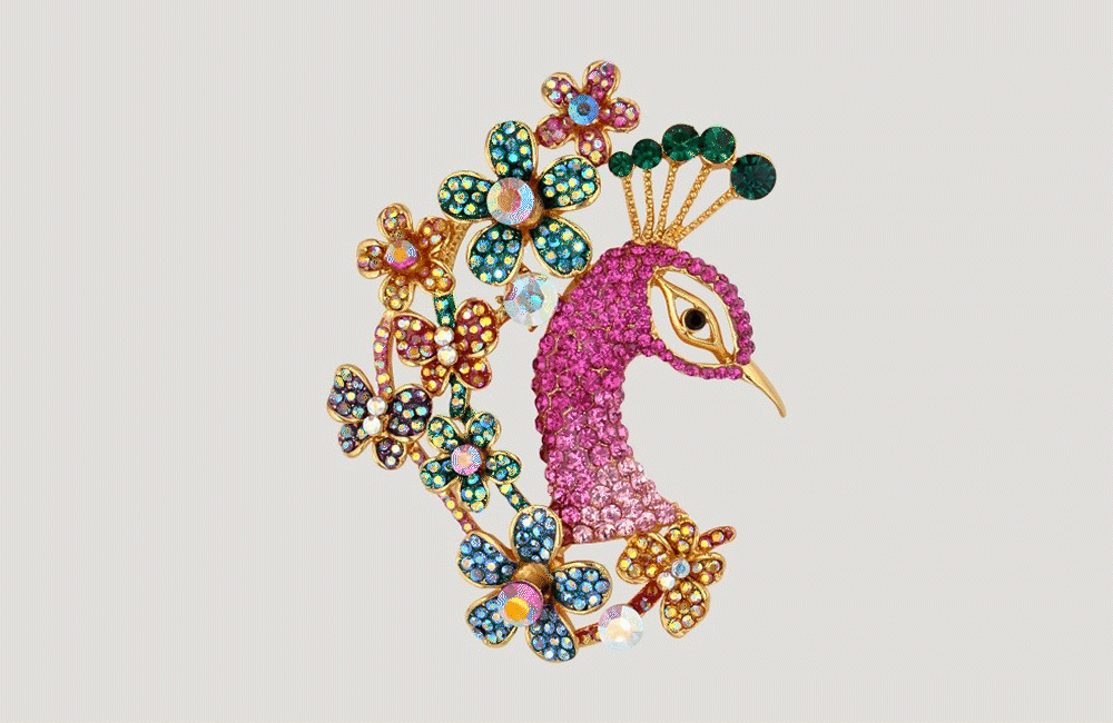 B&W Crystal Peacock & Flowers Brooch