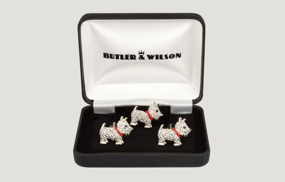 Crystal Scottie Dog Cufflinks and Clutch Pin Set