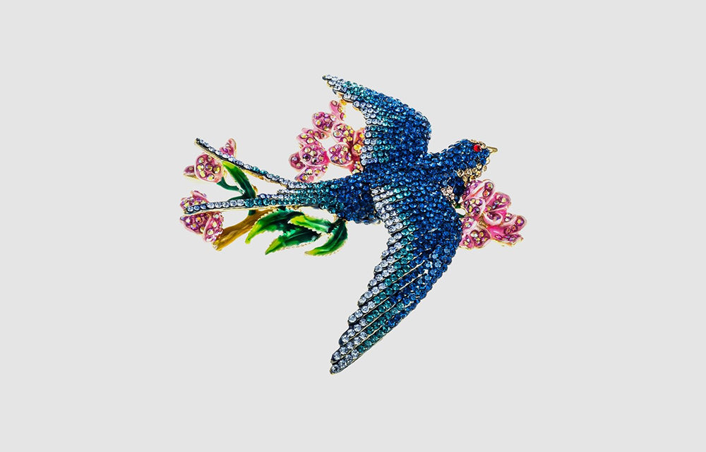 Crystal Swallow with Flowers Brooch