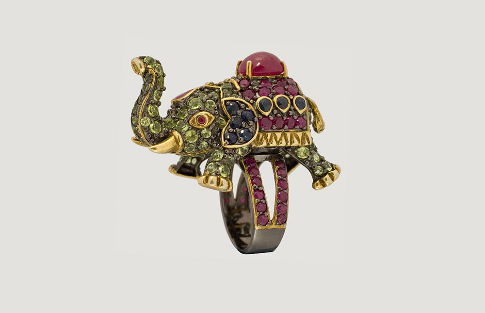 Elephant Ring with Ruby Blue Sapphire and Peridot