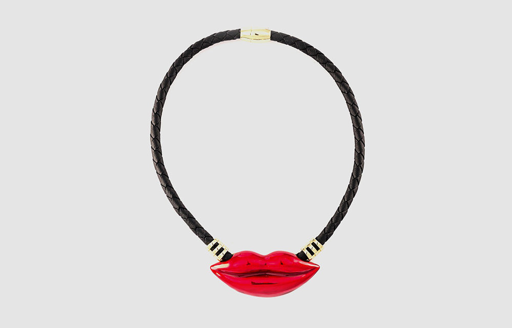 Enamel Lip on Leather Cord Necklace