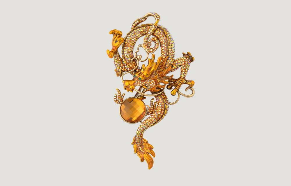 Entwined Chinese Dragon Crystal Brooch