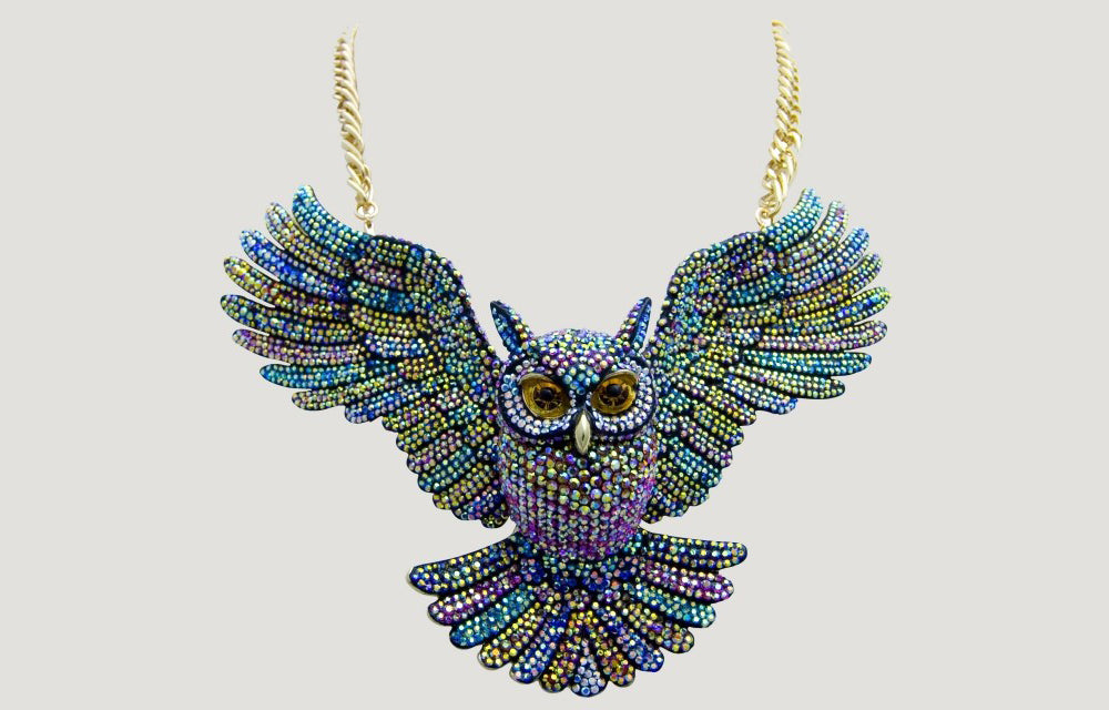 Large Crystal Open Wings Owl Necklace