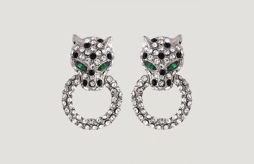 Small Crystal Leopard Head on Ring Earrings
