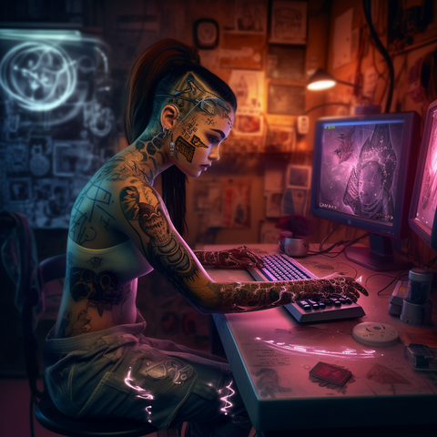 Female tattoo Artist at a computer